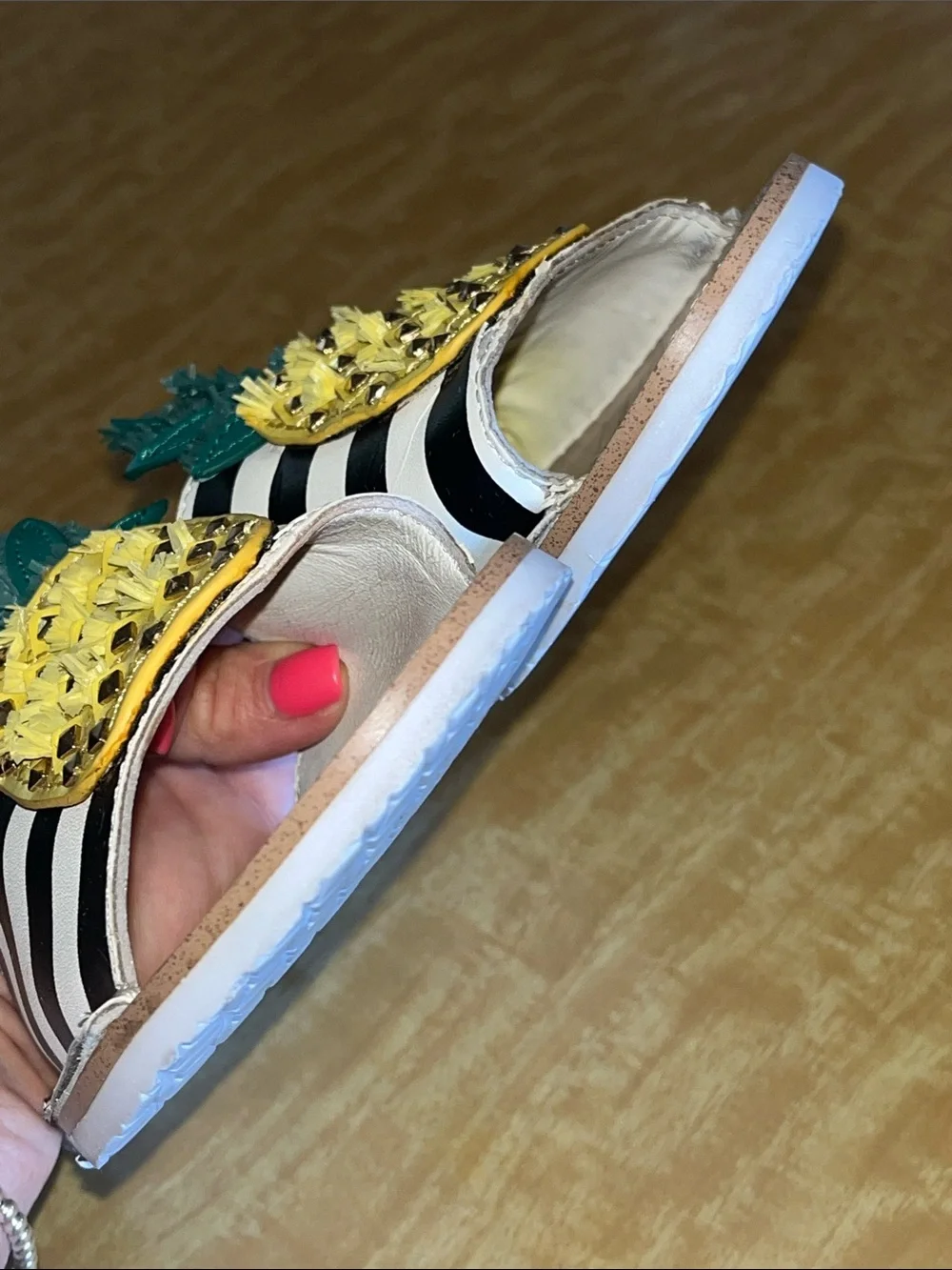 kate spade Black & White Stripe Pineapple Slide Sandals with Teal Leaves